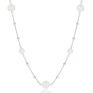 Pearl and Bead Accented Chain Style Necklace - Sterling Silver