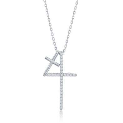 Cubic Zirconia and Polished Double Cross Necklace