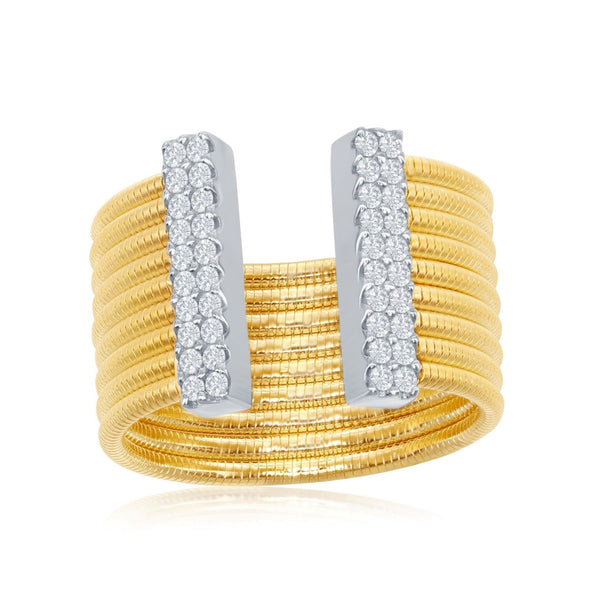 Nine Row Textured Ring with Cubic Zirconia Open Edge