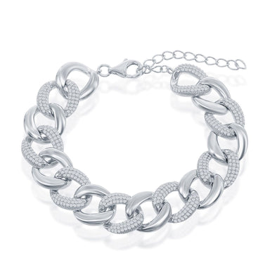 Cubic Zirconia Accented Link Design Bracelet - Sterling Silver