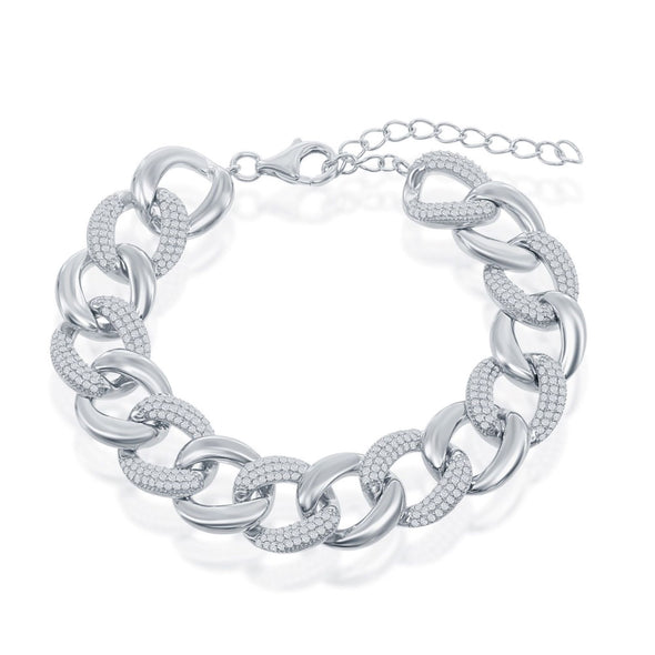 Cubic Zirconia Accented Link Design Bracelet - Sterling Silver