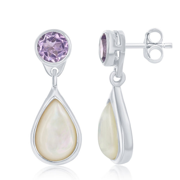 Amethyst and Mother of Pearl Dangle Earrings - Sterling Silver