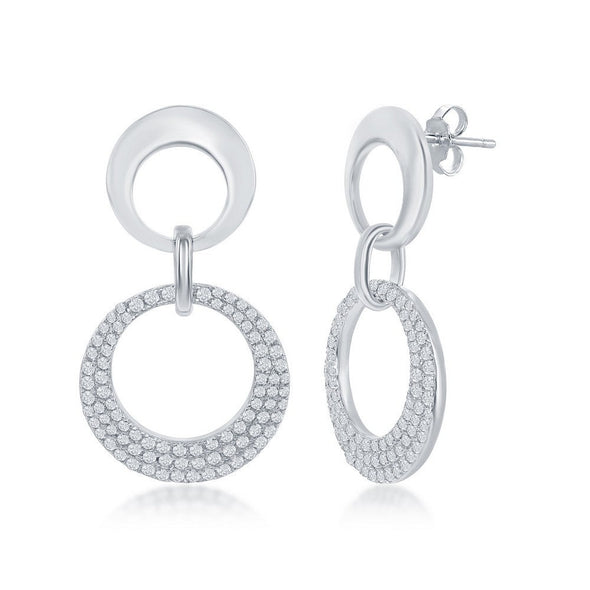Cubic Zirconia Double Circle Dangle Earrings - Sterling Silver