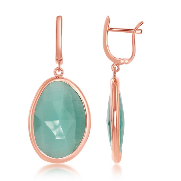 Light Green Oval Cat's Eye Dangle Earrings - Sterling Silver and Rose Gold Plate
