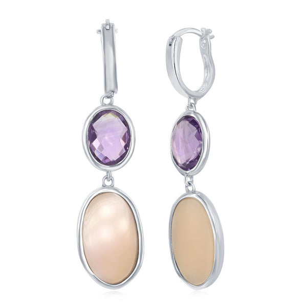 Oval Amethyst and Pink Mother of Pearl Dangle Earrings - Sterling Silver