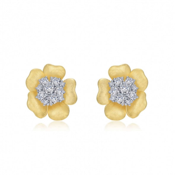 Simulated Diamond Flower Design Earrings by LaFonn - Sterling Silver and Gold Plate