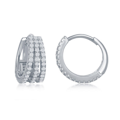 Cubic Zirconia Three Row Hoop Earrings - Sterling Silver