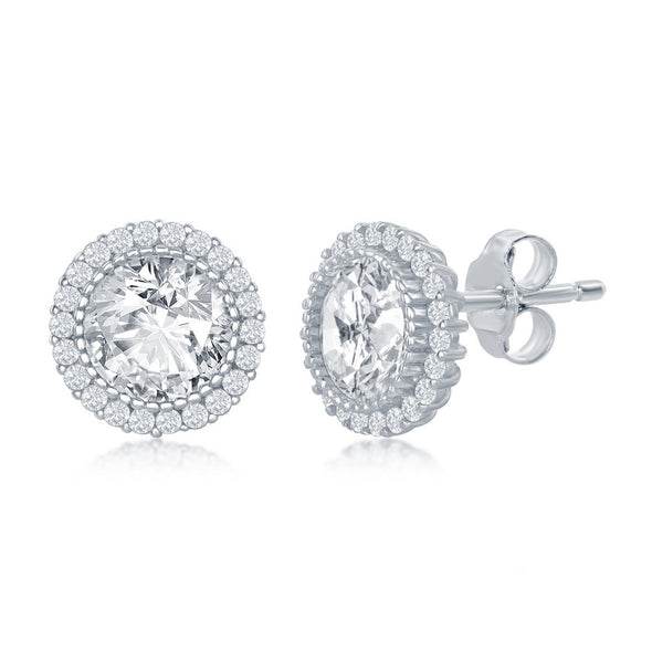 Round Cubic Zirconia and Halo Stud Earrings - Sterling Silver