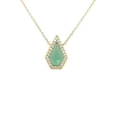 Geometric Shaped Green Quartz and Diamond Halo Necklace