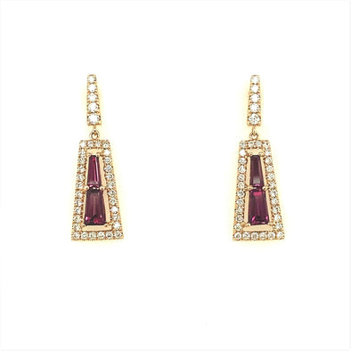 Geometric Shaped Rhodolite Garnet and Diamond Dangle Earrings