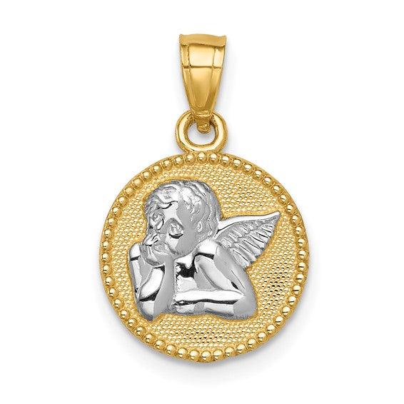Round Angel Medal with Beaded Edge Detail - 14kt Two-Tone Gold