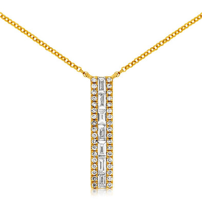 Vertical Baguette and Round Diamond Bar Necklace