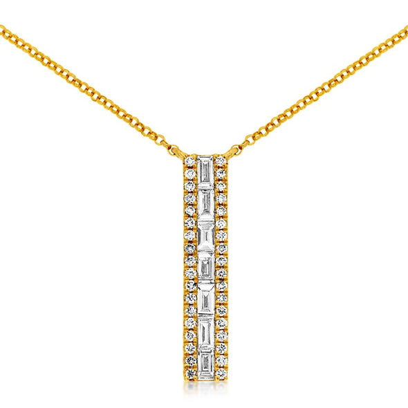 Vertical Baguette and Round Diamond Bar Necklace