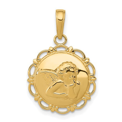 Round Angel Medal with Scalloped Edge Detail - 14kt Yellow Gold