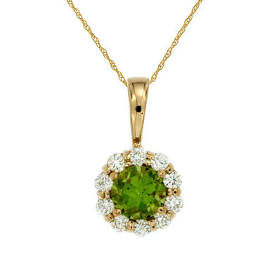 Round Peridot and Diamond Halo Pendant