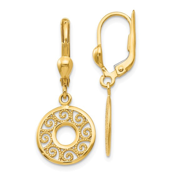 Filagree Circle Design Dangle Earrings - 14kt Yellow Gold