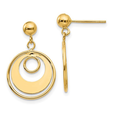 Satin and Polished Triple Circle Design Dangle Earrings - 14kt Yellow Gold